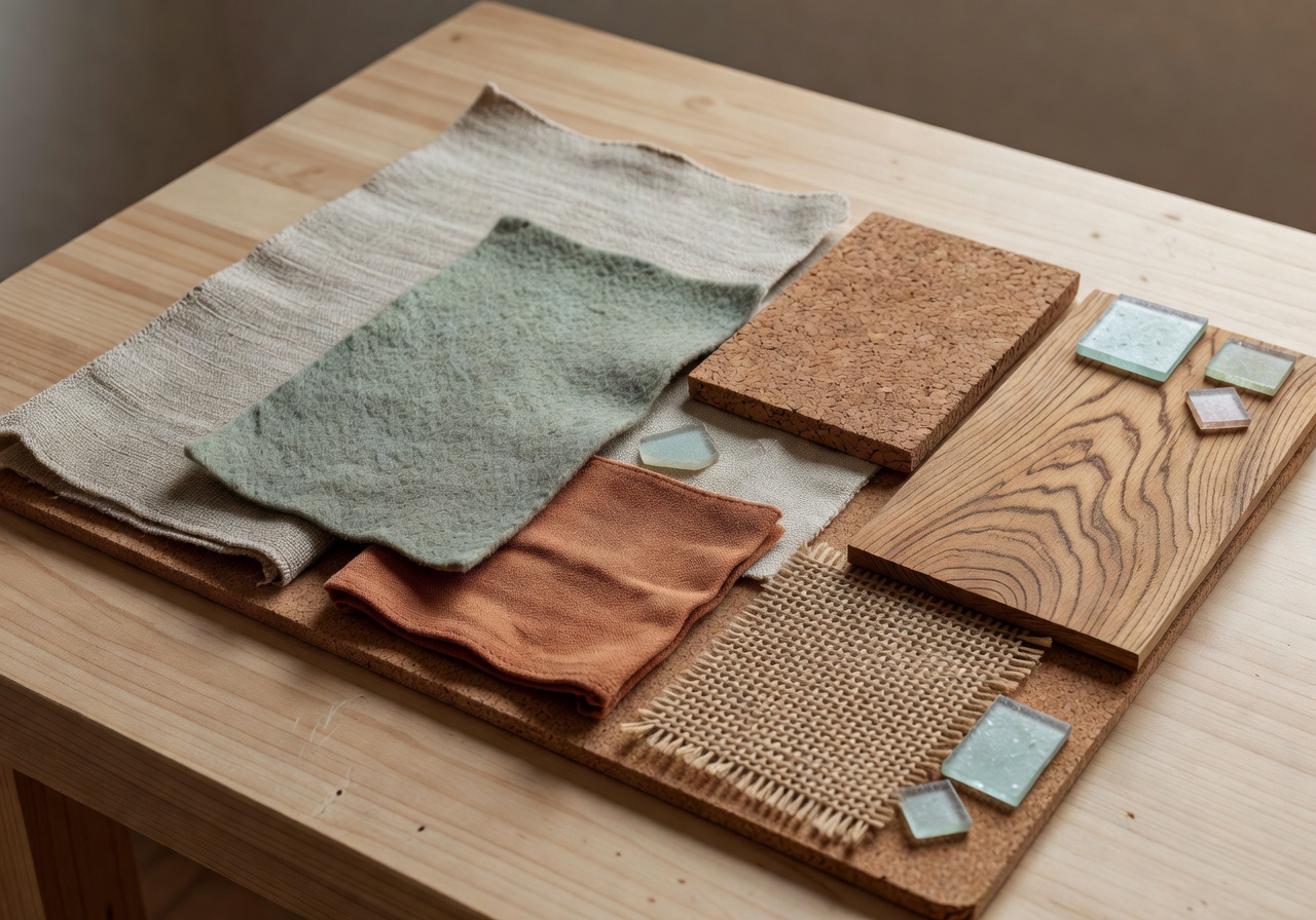 Detail shot of sustainable interior design material samples and mood board at Mossfield Studio