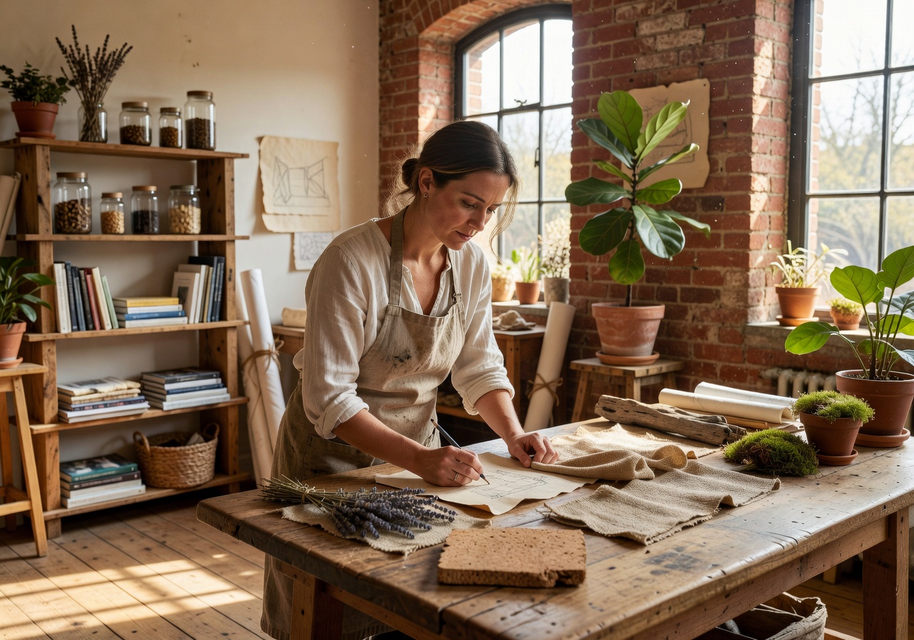 Mossfield Studio founder Elara Moss working on a sustainable interior design project in the Bristol studio
