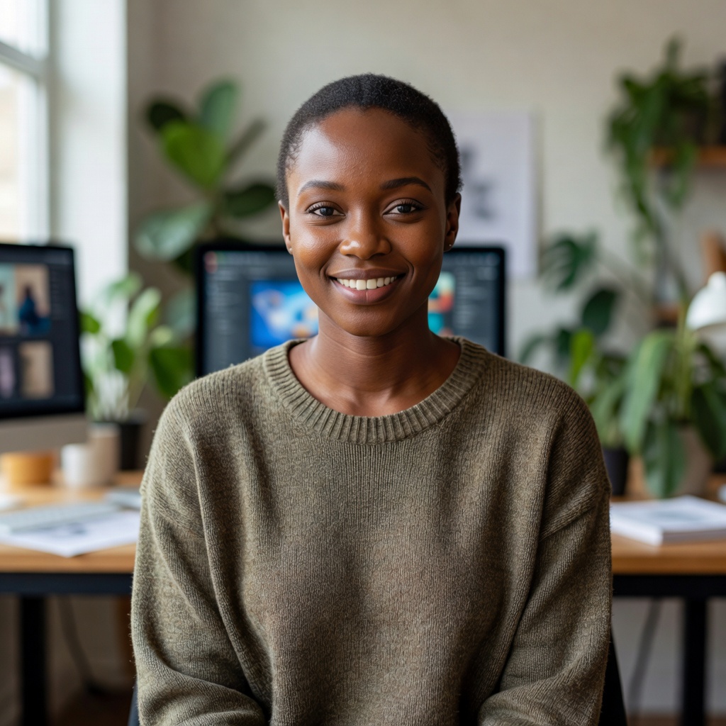 Portrait of Amara Osei, satisfied Mossfield Studio virtual client