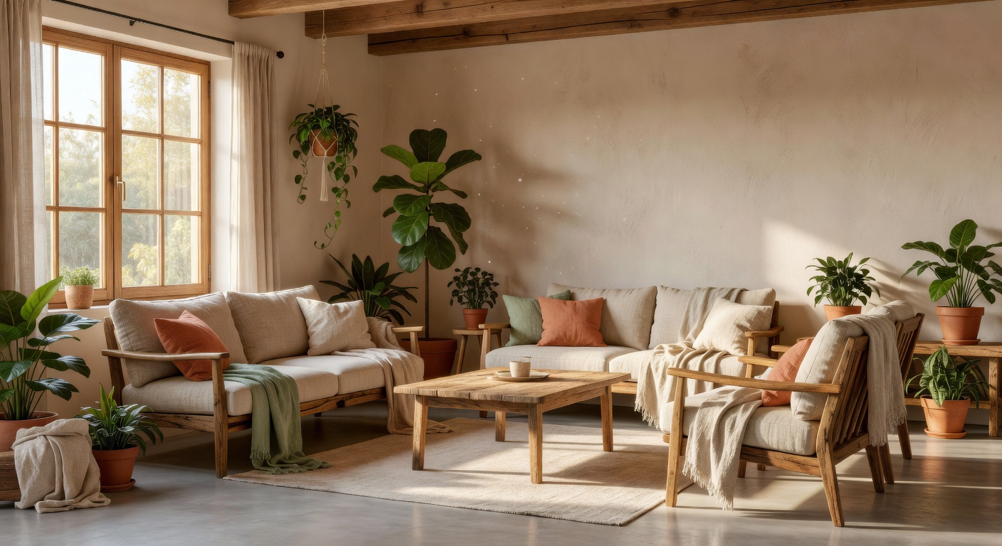 Sunlit sustainable living room with natural wood furniture, linen textiles, and indoor plants